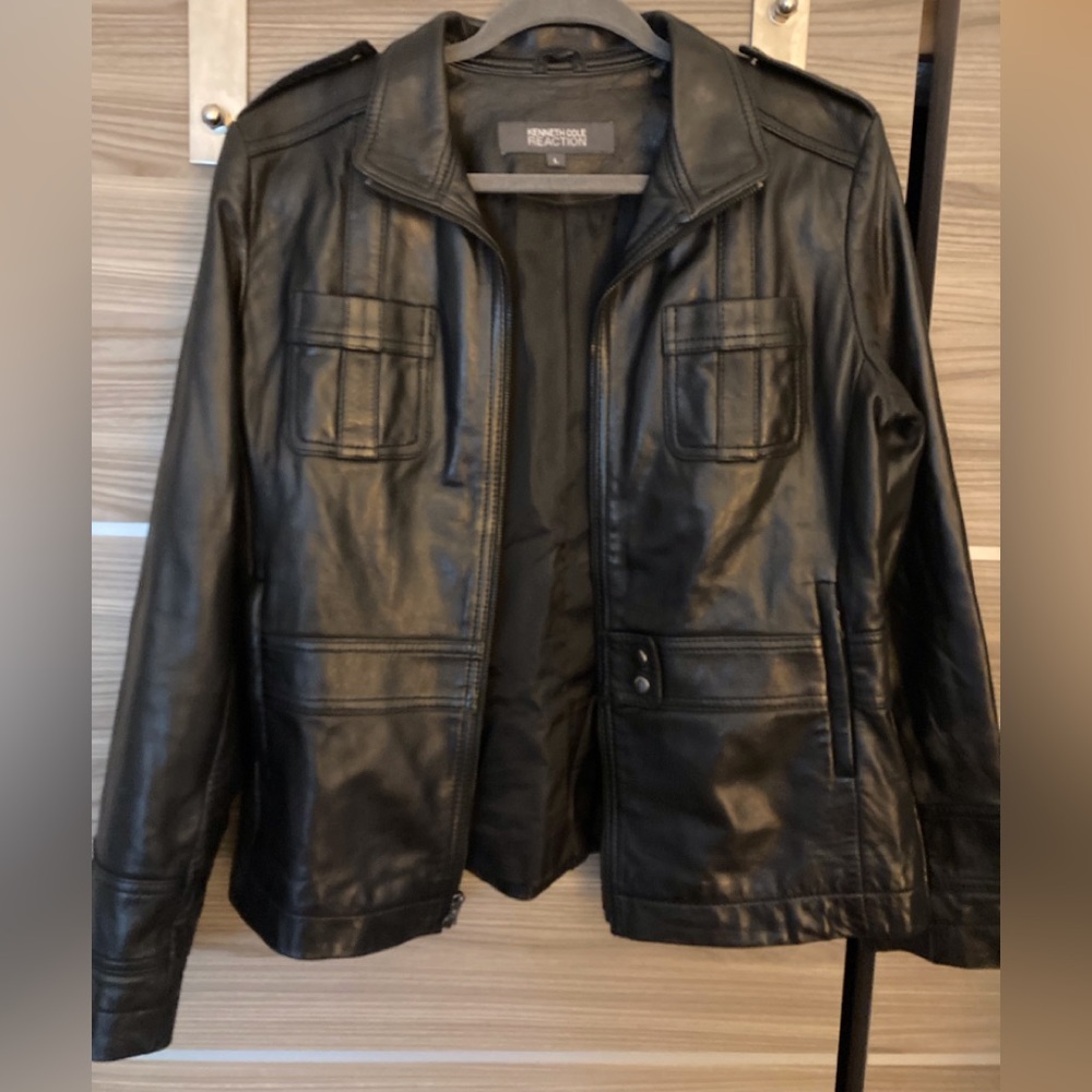 Kenneth Cole Leather Jacket Black Leather Fitted Size Large Silver Hardware